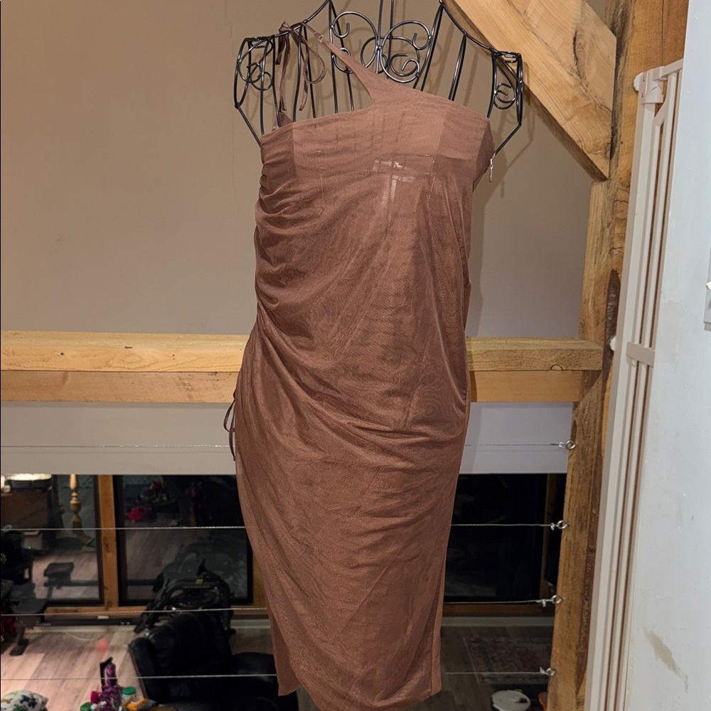 House of CB Chic One-Shoulder Dress in Warm Brown